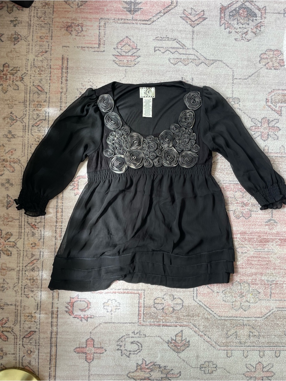 Vintage Y2k ICE Whimsygoth Sheer Black Peasant Floral Blouse Womens M